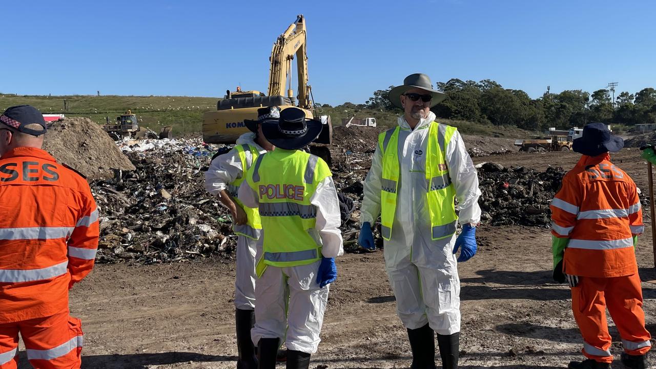 Sunshine Coast police and the SES are searching the Caloundra Landfill and Resource Recovery Centre on Pierce Ave for a weapon and items of clothing believed to have been used in the alleged murder of retired school aide Chris Gwin.