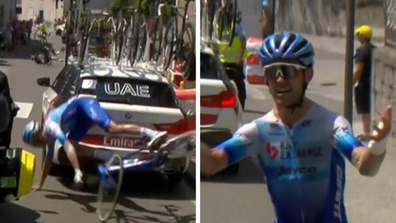 New Zealand’s Jack Bauer was left angered and shaken by a bizarre crash during stage 18 of the Tour de France, with the BikeExchange-Jayco rider coming down while he was chasing back onto the bunch.