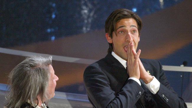 Adrien Brody reacts to winning the Oscar for best actor for his role in The Pianist.