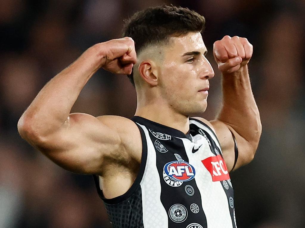 MELBOURNE, AUSTRALIA - JULY 07: Nick Daicos of the Magpies celebrates a goal during the 2023 AFL Round 17 match between the Western Bulldogs and the Collingwood Magpies at Marvel Stadium on July 7, 2023 in Melbourne, Australia. (Photo by Michael Willson/AFL Photos via Getty Images)