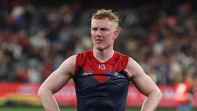 MELBOURNE, AUSTRALIA - SEPTEMBER 15: Clayton Oliver of the Demons is dejected after the Demons were defeated by the Blues during the AFL First Semi Final match between Melbourne Demons and Carlton Blues at Melbourne Cricket Ground, on September 15, 2023, in Melbourne, Australia. (Photo by Robert Cianflone/Getty Images)