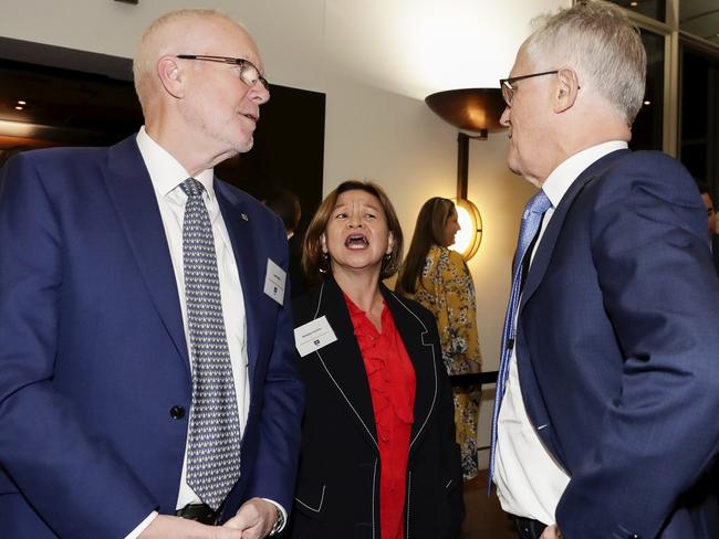 ABC chair Justin Milne, ABC Managing Director Michelle Guthrie and former Prime Minister Malcolm Turnbull during an ABC showcase event at Parliament House in Canberra. Picture: Alex Ellinghausen