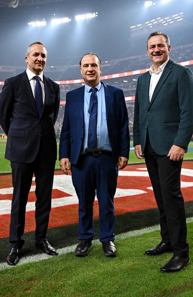 NRL CEO Andrew Abdo, Peter V’landys and NSW State government MP Steve Kamper. Picture: NRL Imagery