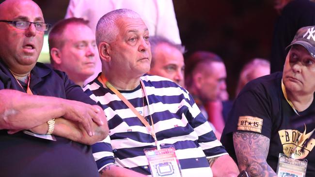 Melbourne identity Mick Gatto (striped shirt) at the Horn v Mundine fight. Picture: Annette Dew