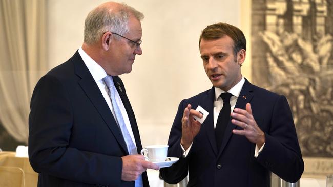 Scott Morrison and French President Emmanuel Macron. Picture: Adam Taylor