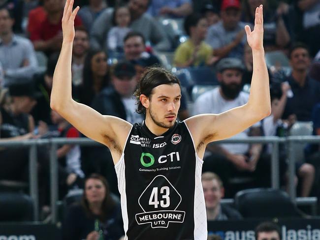 Melbourne United v's Townsville Crocodiles at Hisense arena. 20 November, 2015. Melbourne Australia. Melbourne United's Chris Goulding try's to fire up the crowd after making a three pointer. Picture : George Salpigtidis