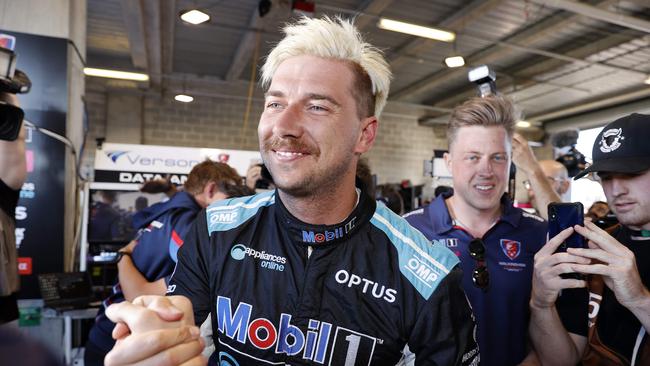 Chaz Mostert celebrates after claiming pole in the top-ten shootout last year. Picture: Tim Hunter