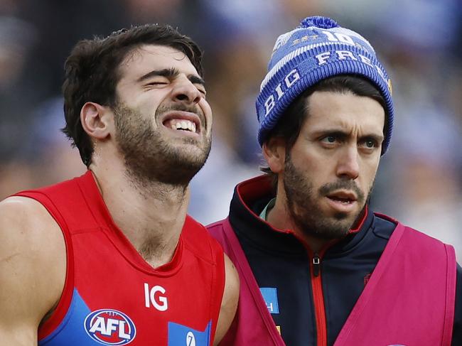 Christian Petracca returns to the field after his devastating injury. Picture: Michael Klein