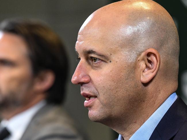 NRL COO Nick Weeks (left) and NRL CEO Todd Greenberg at a press conference for the Manly Warringah Sea Eagles Salary Cap in Sydney, Monday, March 26, 2018. (AAP Image/Brendan Esposito) NO ARCHIVING