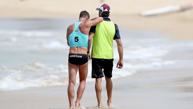 Shannon Eckstein was in tears after injuring his calf on Saturday. Picture: Shane Myers