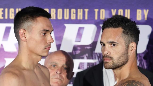 Tim Tszyu and Bowyn Morgan are ready to rumble after the weigh-in at Taronga Zoo on Tuesday. Picture: Richard Dobson