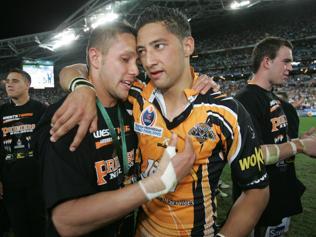  Scott Prince, left, and Benji Marshall after the Tigers defeated the Cowboys in the 2005 NRL grand final at Telstra Stadium, Olympic Park, Homebush in Sydney. Picture: GREGG PORTEOUS