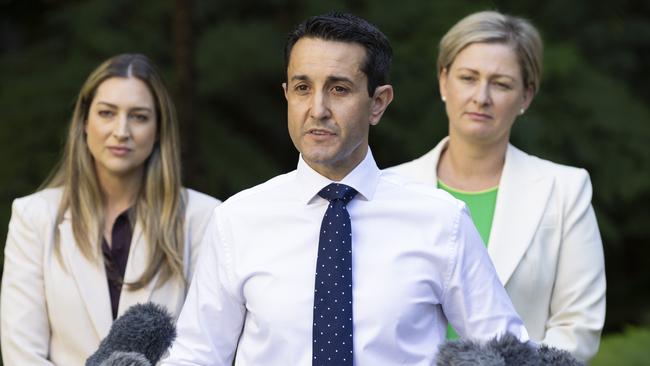 Opposition Leader David Crisafulli with youth justice spokeswoman Laura Gerber (left) and child protection spokeswoman Amanda Camm. Picture: Richard Walker