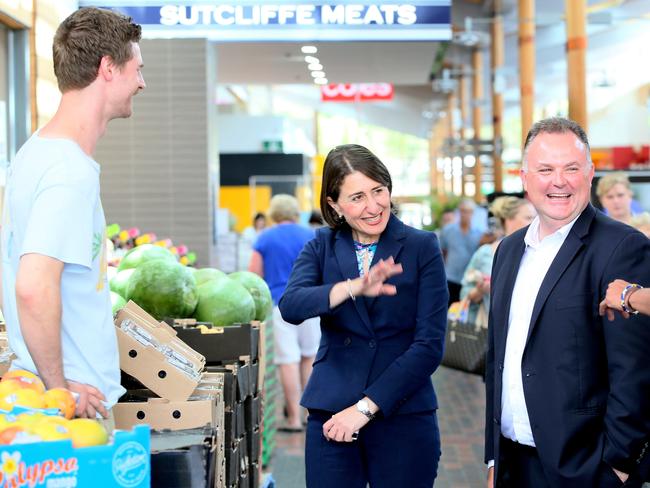 NSW Premier Gladys Berejiklian visits Erina Fair with Terrigal state Liberal MP Adam Crouch. Picture: Sue Graham