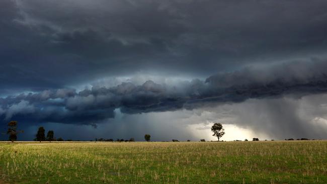 A storm front sweeps over Balladoran farmland near Dubbo, NSW, heralding a change in weather. Picture: Jonathan Ng