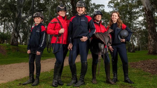 26 high school students including (L-R) Harry Manning, 12, Ella Beissel, 14, Sophia Craddock, 15 and Ella Manning, 15 will head to Sydney at the end of the month to compete in the Australia Equestrian Interschool National Championships. Picture: Naomi Jellicoe