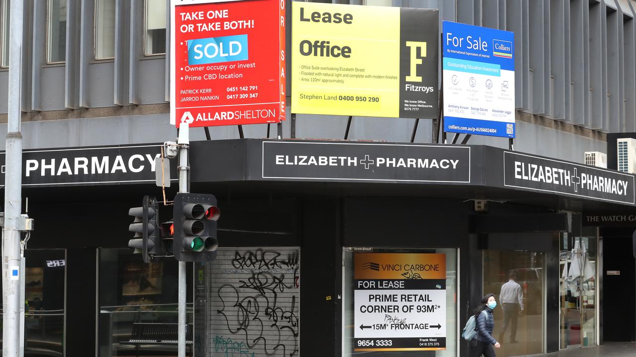 Closed shops in Elizabeth Street in Melbourne in August 2021. Picture: NCA NewsWire / David Crosling.