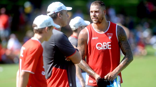 Lance Franklin with coach John Longmire at Sydney’s pre-season training.