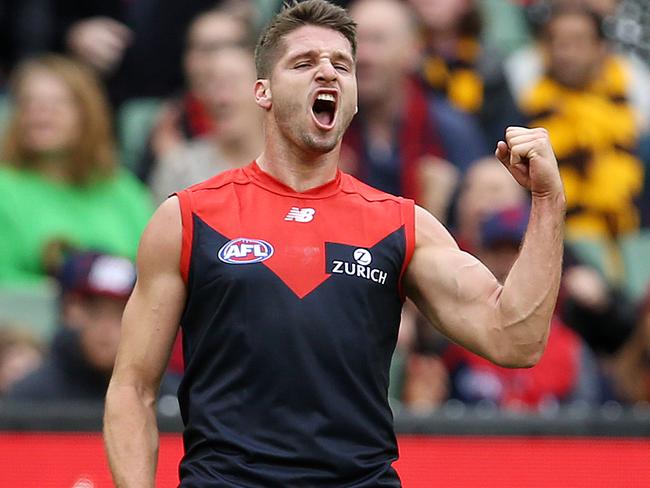 AFL Round 4. 15/04/2018. Hawthorn v Melbourne at the MCG. Melbourne's Jesse Hogan celebrates his goal in the first quarter   . Pic: Michael Klein