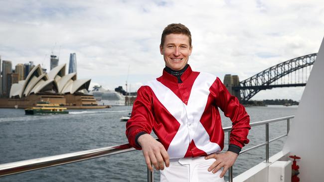 James McDonald, six-time Sydney Premiership winning jockey, on-board The Jackson on Sydney Harbour. Picture: Richard Dobson