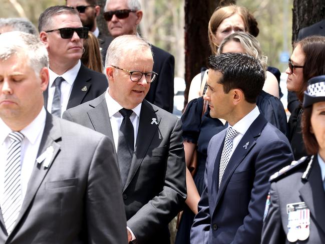 Prime Minister Anthony Albanese Prime Minister and Queensland Opposition Leader David Crisafulli at the memorial service with full police honours for fallen constables Rachel McCrow and Matthew Arnold at Brisbane Entertainment Centre. Picture: Steve Pohlner