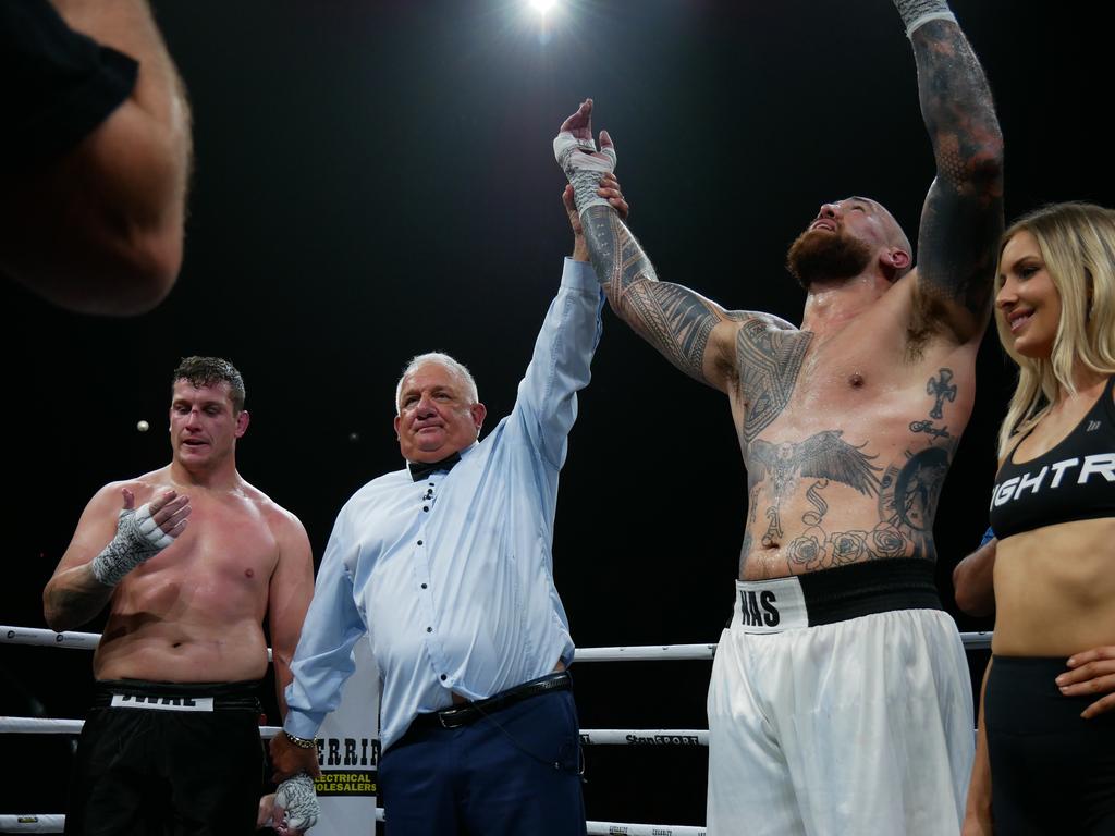 Nelson Asofa-Solomona def Jarrod Wallace by third-round TKO at the Battle of the Reef fight night at the Townsville Entertainment and Convention centre, October 7 2023. Picture: Blair Jackson.