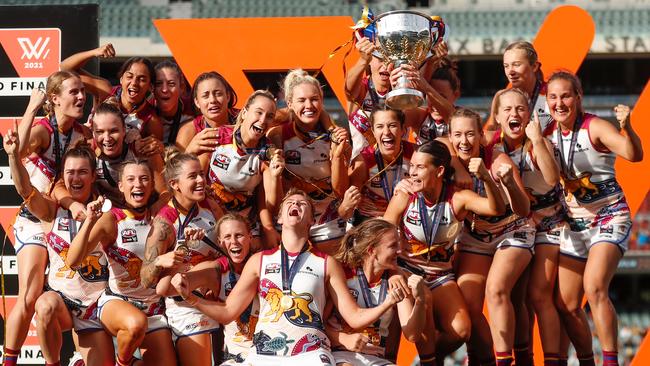 Brisbane Lions players celebrate after winning the 2021 AFLW grand final. Picture: Michael Willson/AFL Photos