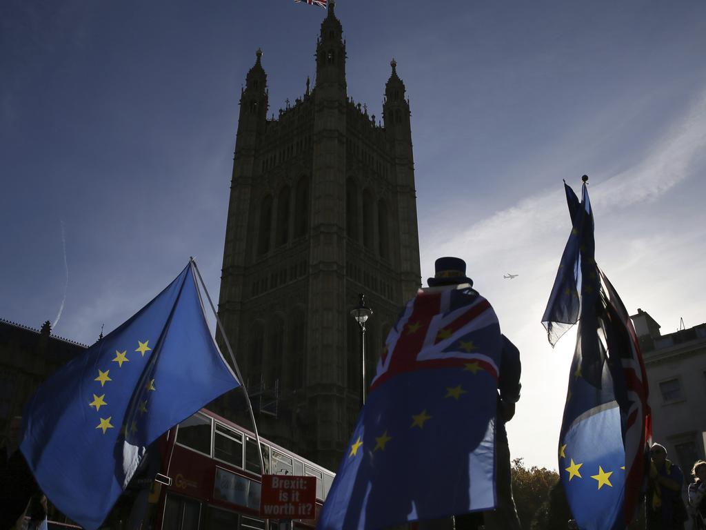 Demonstrators hold flags outside the Houses of Parliament. Picture: AP