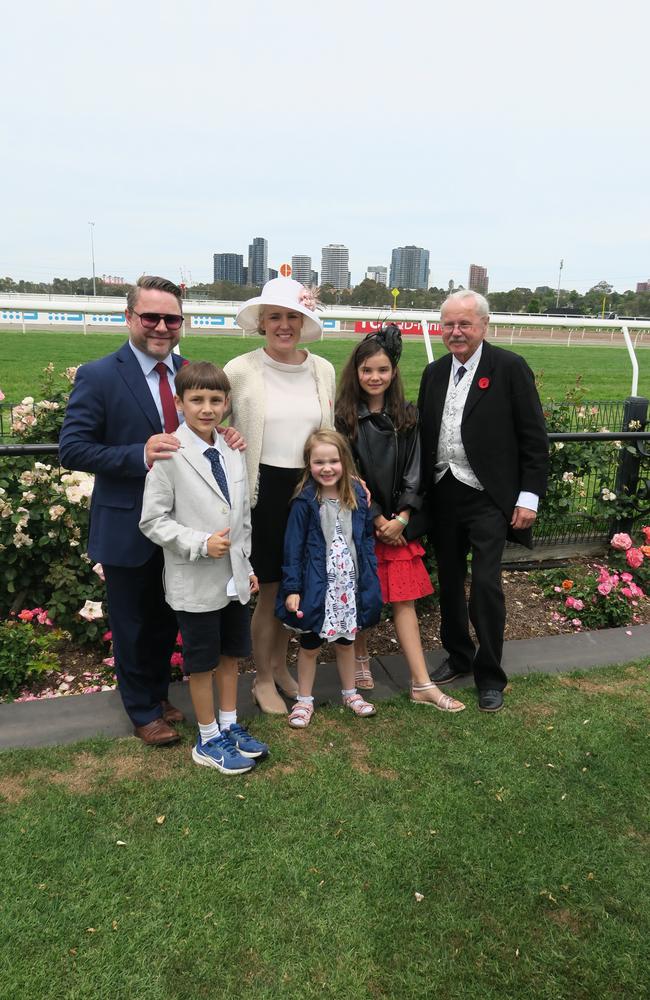 Kristina, Matthias, Martin, Arthur, Josephine and Margareta at Seppelt Wines Stakes Day 2024 at Flemington Racecourse. Picture: Gemma Scerri