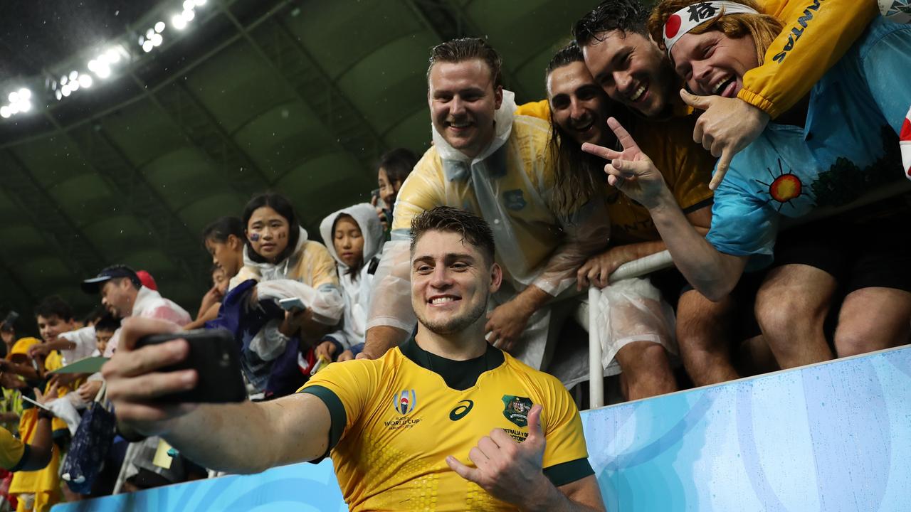 James O'Connor takes a picture with fans during the 2019 Rugby World Cup. Picture: Getty