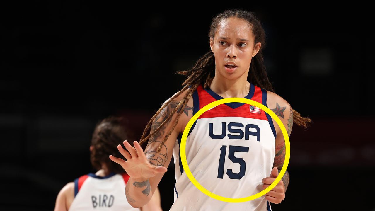 SAITAMA, JAPAN - AUGUST 08: Brittney Griner #15 of Team United States reacts during the first half of the Women's Basketball final game between Team United States and Team Japan on day sixteen of the 2020 Tokyo Olympic games at Saitama Super Arena on August 08, 2021 in Saitama, Japan. (Photo by Kevin C. Cox/Getty Images)