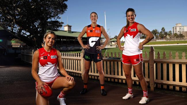 Ella Heads and Chloe Molloy of the Sydney Swans and Georgia Garnett from the Giants at North Sydney Oval, where the two teams will play each other in the opening round of 2023 AFLW season. Picture: Phil Hillyard