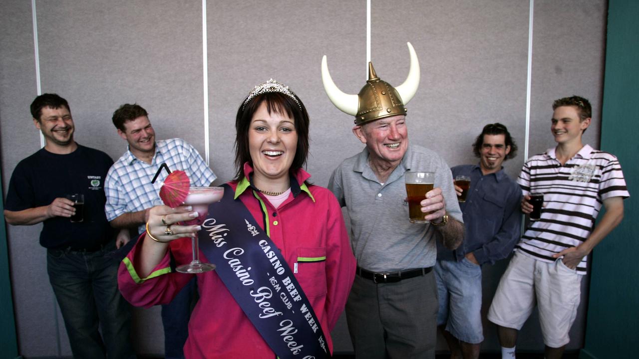 Casino Beef Week Queen, Casey Saunders with Mr Beef Week entrants at Casino today.L to R, Nick Rae, Scott Gordon, Casey Saunders, Ken McPhearson, Nick Newby and Mitchell Montgomery.