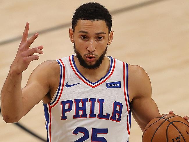 ATLANTA, GEORGIA - JUNE 18:  Ben Simmons #25 of the Philadelphia 76ers calls out a play against the Atlanta Hawks during the first half of game 6 of the Eastern Conference Semifinals at State Farm Arena on June 18, 2021 in Atlanta, Georgia.  NOTE TO USER: User expressly acknowledges and agrees that, by downloading and or using this photograph, User is consenting to the terms and conditions of the Getty Images License Agreement. (Photo by Kevin C. Cox/Getty Images)