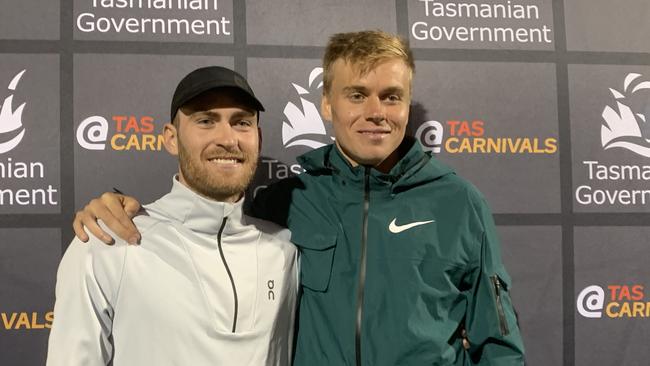 Star duo Ollie Hoare and Stewart McSweyn after competing in the Open Mile race at Devonport.