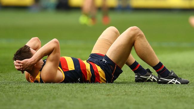 Jake Kelly of the Crows dejected after losing the 2017 AFL Grand Final match to Richmond.