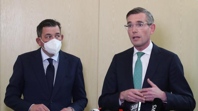 Victorian Premier Daniel Andrews and NSW Premier Dominic Perrottet make a major health announcement at the Olivia Newton-John Cancer Wellness &amp; Research Centre and Austin Hospital in August. Picture: NCA NewsWire / David Crosling