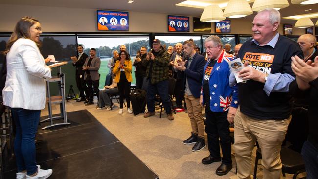 Jacinta Price speaking to supporters at Gawler Greyhounds on Thursday night. Picture: Brett Hartwig