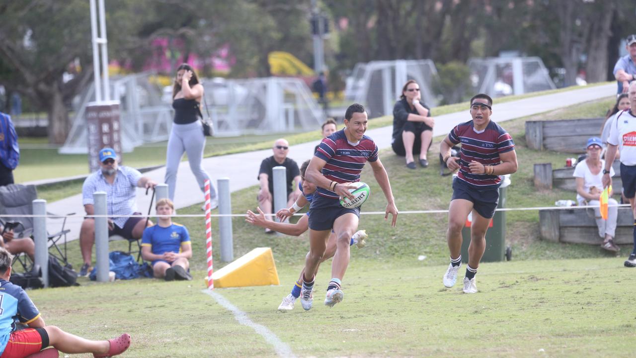 Kingston Seve (left) and Agapetos Lote-Felo in action this season. The Southport School vs. Toowoomba Grammar School firsts GPS rugby. Played on The Village Green. 27 July 2024 Southport Picture: Richard Gosling