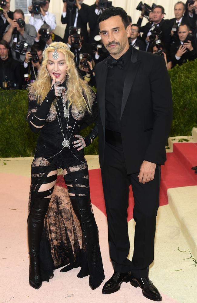 Riccardo Tisci and Madonna attend the “Manus x Machina: Fashion In An Age Of Technology” Costume Institute Gala at Metropolitan Museum of Art on May 2, 2016 in New York City. Picture: AP