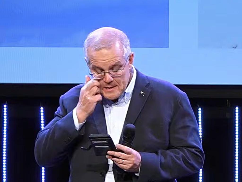 Scott Morrison tears up while addressing Horizon Church after his election defeat. Picture: YouTube/Horizon Church