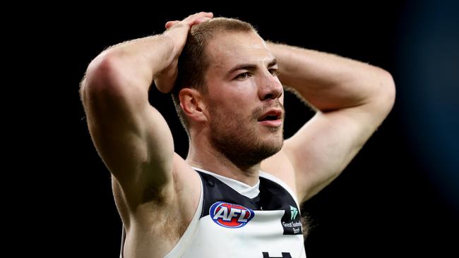 SYDNEY, AUSTRALIA - JULY 06: Harry McKay of the Blues reacts during the round 17 AFL match between Greater Western Sydney Giants and Carlton Blues at ENGIE Stadium, on July 06, 2024, in Sydney, Australia. (Photo by Brendon Thorne/AFL Photos/via Getty Images)