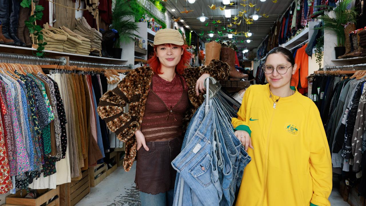 At Newtown Vintage 313, where 19-year-olds Sophia and Mia work, second-hand items are curated for the trendy inner-city market from 20 tonnes of salvaged clothing. Picture: Tim Pascoe