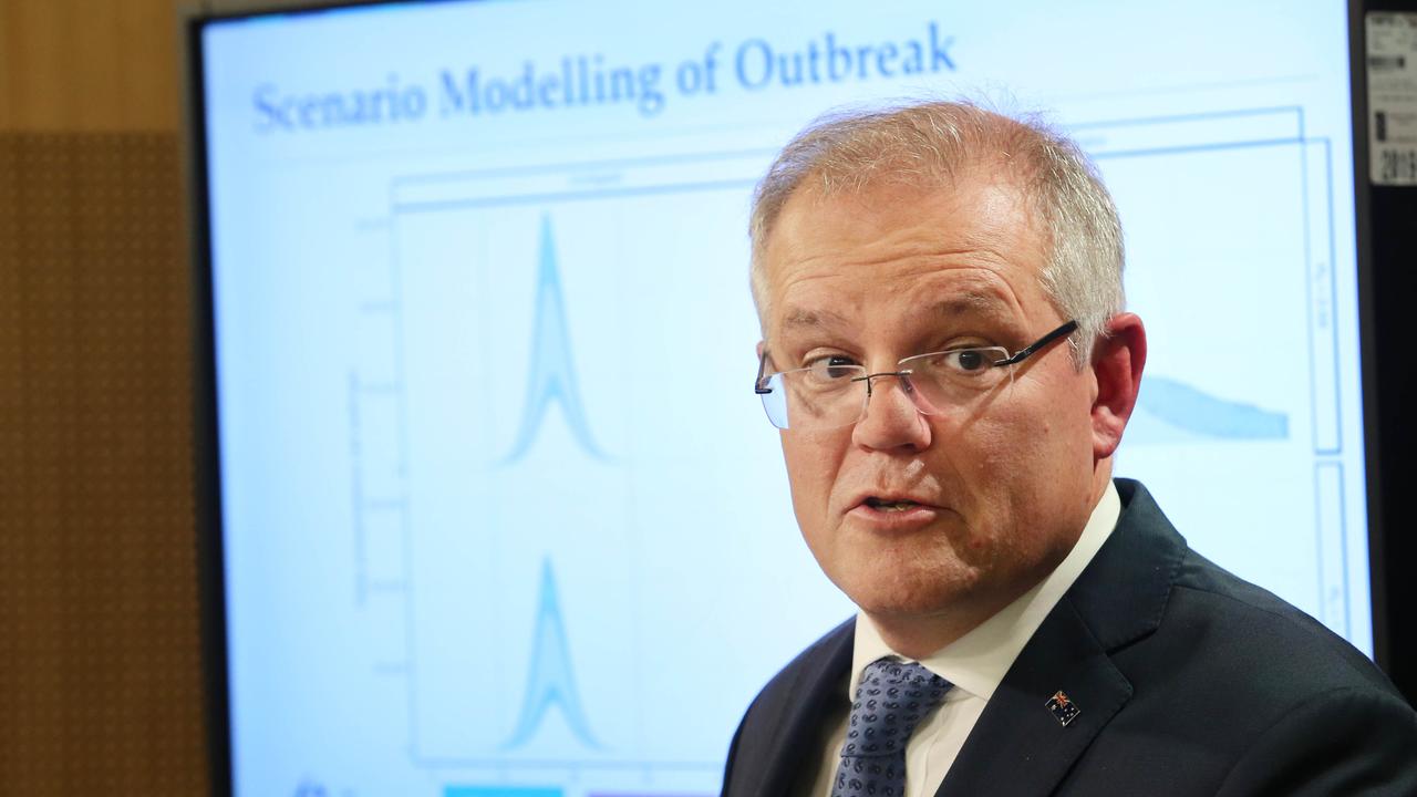 Australian Prime Minister Scott Morrison addressing the media about new restrictions and advice for Australians on how to deal with the spread of COVID-19. Picture: Richard Dobson