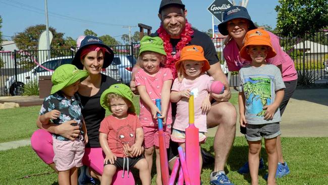 CRICKET FRIENDS: Flynn Antcliff, Rochelle Boulder, James Lill, Annaliese Griffin, Goodlife's Marlow, Peyton Harding, Shelly James and Hunter Payne at Little Zebras' McGrath Foundation charity event. Picture: Jann Houley