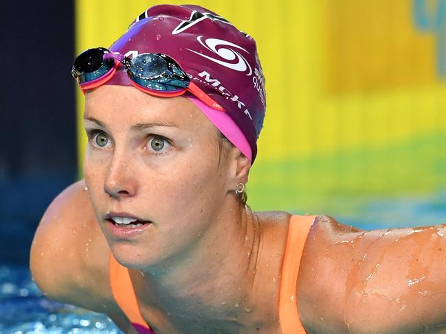 Emma McKeon is seen after winning the final of the womens 100 metre Butterfly during day three of the 2018 Australian Swimming Trials at the Gold Coast Aquatic Centre at Southport on the Gold Coast, Friday, March 2, 2018. (AAP Image/Darren England) NO ARCHIVING, EDITORIAL USE ONLY