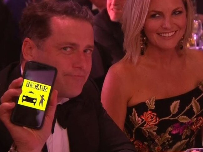 Karl Stefanovic, Lisa Wilkinson and Georgie Gardner react during Dave Hughes’ opening Logies speech Picture: Channel 9