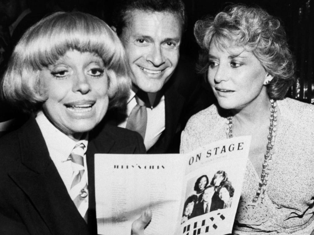 Carole Channing (left), Jerry Herman (centre) and television personality Barbara Walters at the theatre on Broadway. Herman has died, aged 88. Picture: AP Photo/ David Gould