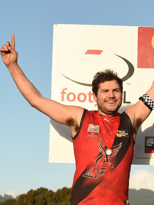 Stephen Aiello celebrates last year’s grand final win. Picture: David Smith/AAP