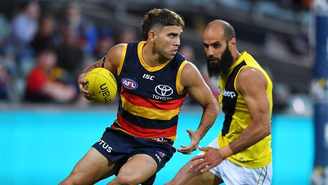 Tyson Stengle in action against the Tigers at Adelaide Oval.. Picture: Mark Brake/Getty Images